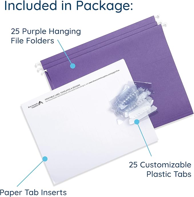 25 Blue Summit Supplies Purple Hanging File Folders - Letter Size, Durable 11pt Paper, Hanging File Folders, Purple, with Plastic Tabs and Inserts Included