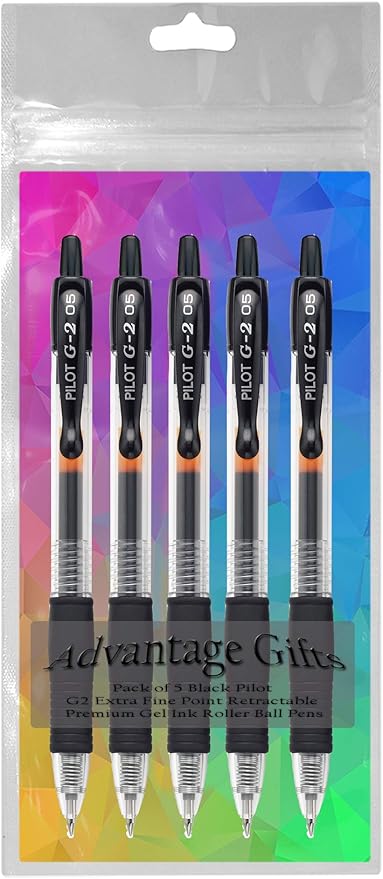 G2 Retractable Premium Gel Ink Roller Ball Pens Extra Fine Point (.5mm) Black Ink 5 pack; Refillable & Premium Comfort Grip Bundle with Plastic Reusable Pouch