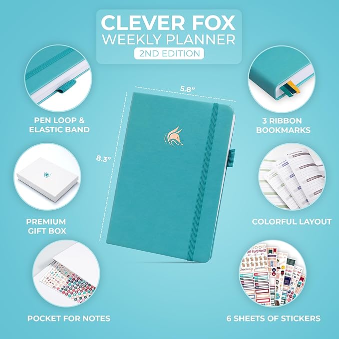 Clever Fox Planner 2nd Edition – Colorful Weekly & Monthly Goal Planner, Time Management & Productivity Organizer, Undated, A5 (Turquoise)