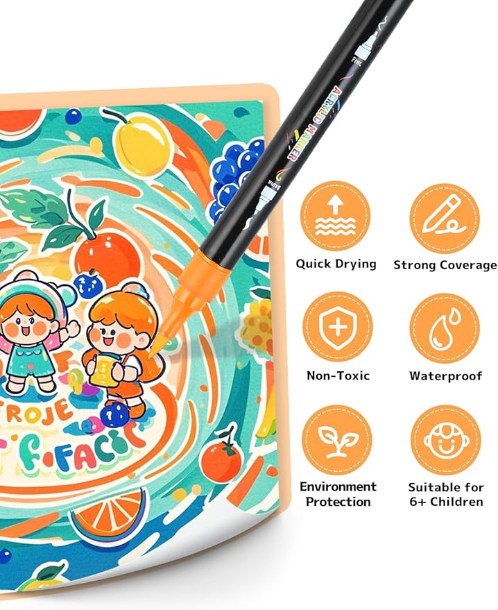 48 Colors Acrylic Paint Markers, Dual Tip Acrylic Paint Pens with Brush and Fine Tips for Kids, Adults, Wood, Canvas, Stone, Rock Painting, Glass, Ceramic Surfaces, DIY Crafts Making