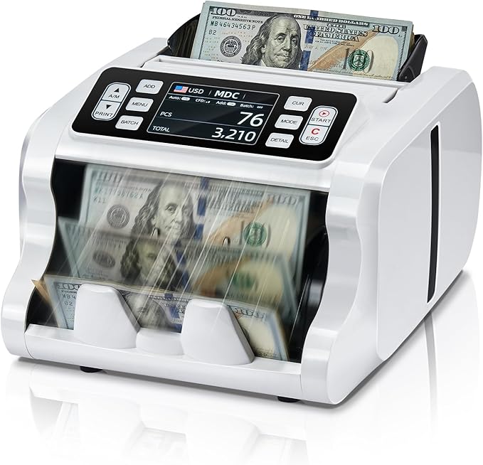 MUNBYN IMC09 Mixed Denomination Money Counter Machine, Value Counting, UV/MG/IR/MT Bill Counter, 3.5" TFT Display Money Counting Machine, USD, EUR, MXN, CAD Cash Counter for Business (White)