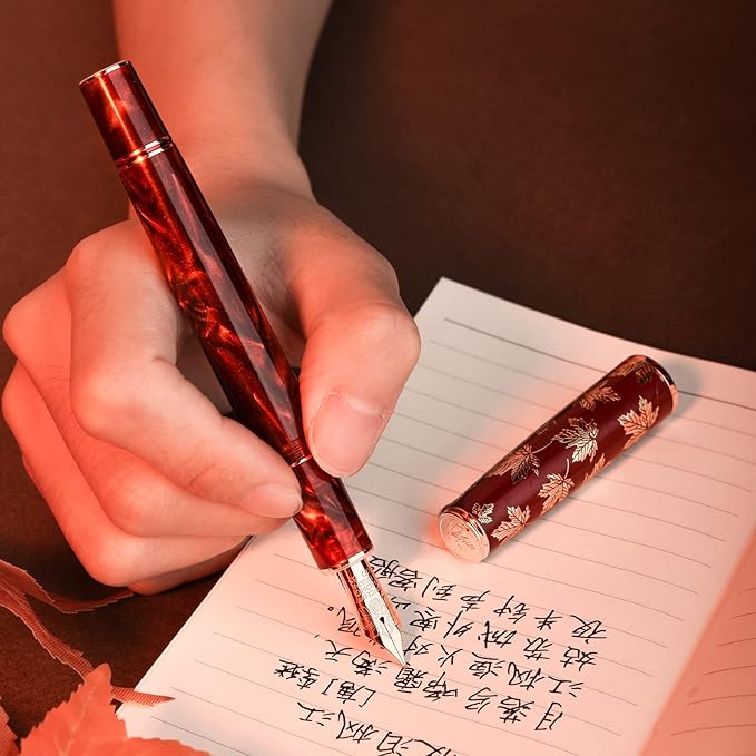 Hongdian N8 Red Acrylic Resin Fountain Pen, Iridium Medium Nib Rose Gold Trim Maple Leaf Carving Cap, Smooth Writing Pen with Converter and Metal Pen Box Set