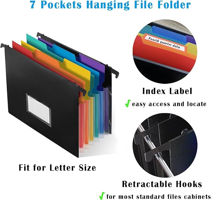 TRANBO 7-Pockets Hanging File Folder with Retractable Hooks for Filing Cabinet, Letter Size Expandable Accordion File Organizer with Elastic Band for File Frame or On-The-Go Use (1 Pack)