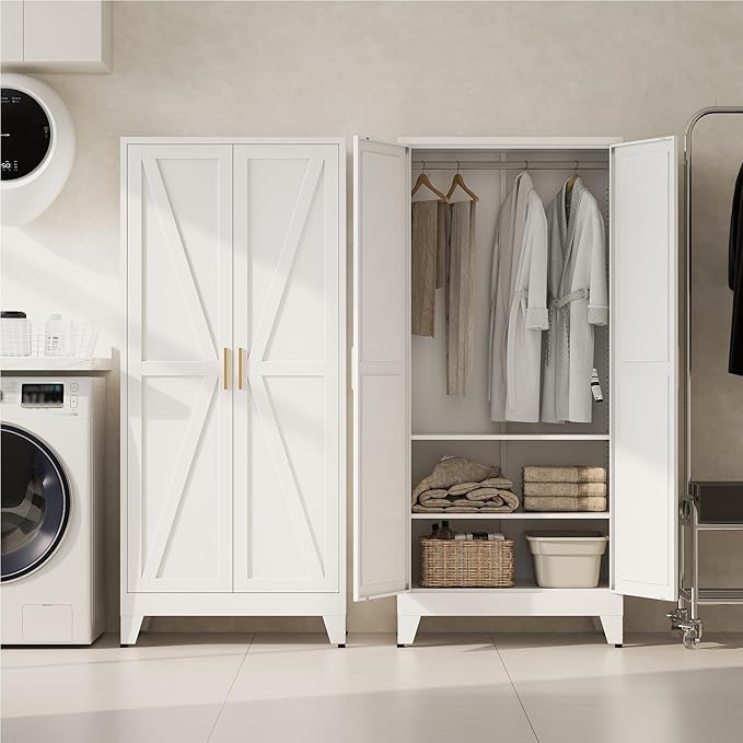 Metal Wardrobe Cabinet with Hanging Rod,Large 71" Armoire Wardrobe Closet with Adjustable Shelves,Farmhouse Metal Clothing Storage Cabinets for Bedroom,Office,Laundry Room(White)