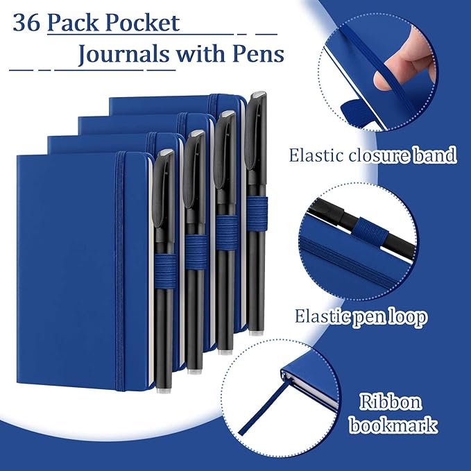 Laumoi 36 Sets Pocket Notebook Journals with Pens A6 Cute Small Journal Notebook Ruled Lined Mini Notepad Hardcover Executive Notebooks Set with Pen Holder for School Office, 3.7 x 5.7 Inch (Royal)