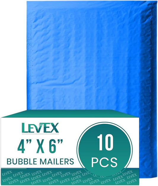 Levex - #0000 4" x 6" [10 Pack] Blue Poly Bubble Mailers, Padded Envelope Mailers, Packing Envelope & Mailing Bags for Shipping