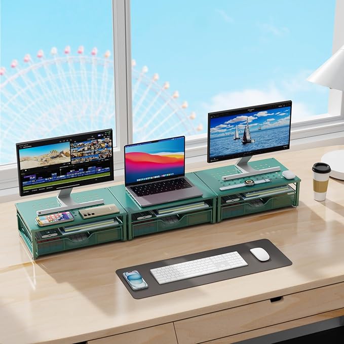 gianotter Computer Monitor Stand Riser, office organizer with Drawer, Office Organizers Storage for Classroom Office Supplies (Dark Green)