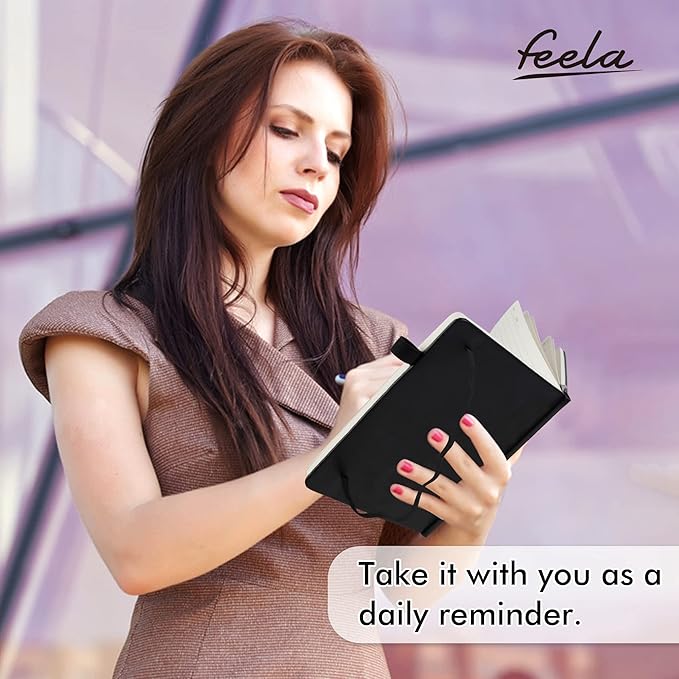 feela 8 Pack Journal Notebook Bulk for School, Hardcover Business Notebooks Classic Ruled Lined Journals with Pen Holder for Work Note Taking, with 8 Black Pens, 120 GSM, 5.1”x8.3”, A5, Black