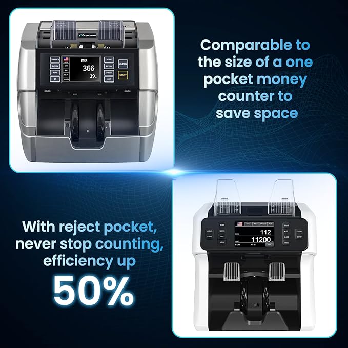 NUCOUN Mixed Denomination Money Counter Machine,Mixed Value Bill Counter and Sorter,with Reject Pocket,Multi Currency Note Counter,Counterfeit Detection 2 CIS/UV/MG/IR,4 inch Touch Screen,SN Record