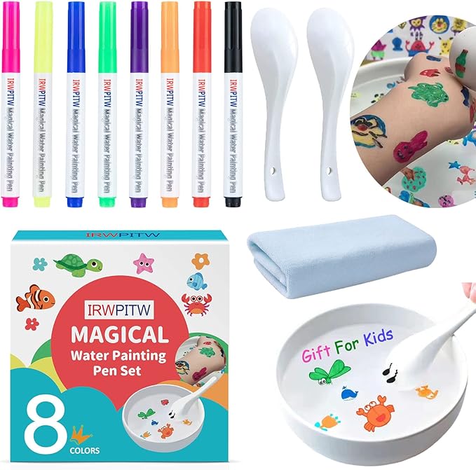 IRWPITW Magic Drawing Pen Bundle, 8 Colors Magical Water Painting Pens for Kids, Kiddies Create Magic Pen Floating Ink Drawings Set with Spoons and Towel, Tattoo Water Marker Gifts for Boys and Girls