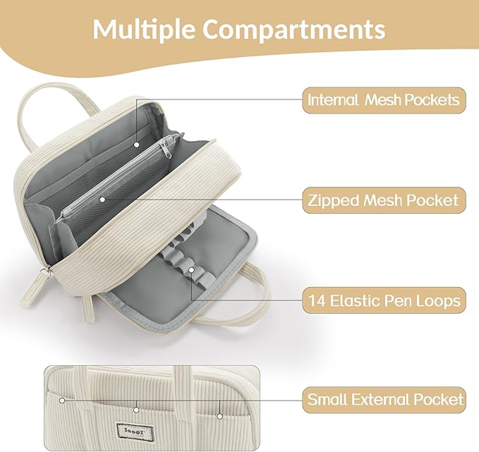 Sooez Large Pencil Case Pouch, Extra Big Pencil Bag with 5 Compartments, Pen Bag Wide Opening, Soft Corduroy Pencil Organizer with Zipper, Cute Aesthetic School Supplies for Teen Girls Light Pink