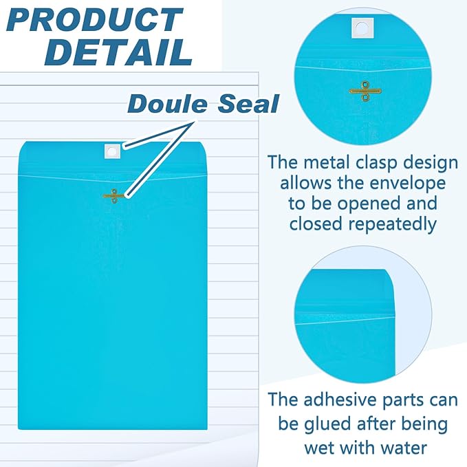 Geyee 100 Pcs Clasp Manilla Envelopes 6 x 9 Inch Gummed Colored Envelopes for Storing or Mailing for Home Office Business Supplies(Blue)