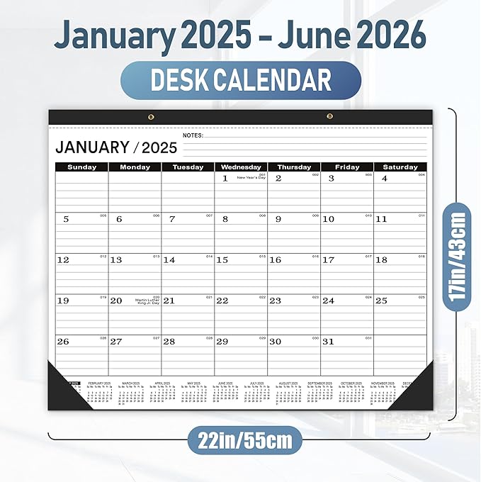 Desk Calendar 2025,January 2025 to June 2026,Large Desk calendar 2025-2026,Desk Calendar 2025-2026 Large 22x17,Classroom 2025 Calendar 22x17" with Round Holes& NOTES List (Black),18 Months Calendar 2025