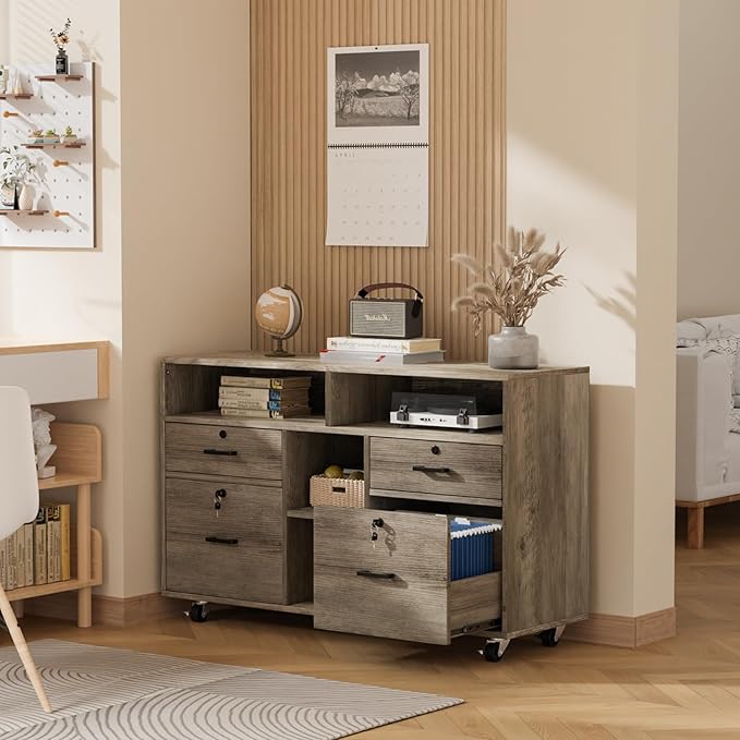 VINGLI Wide 4 Drawer File Cabinet with Lock, Rustic Grey Rolling File Cabinet with Open Shelves, Lockable Printer Stand, Letter Sized