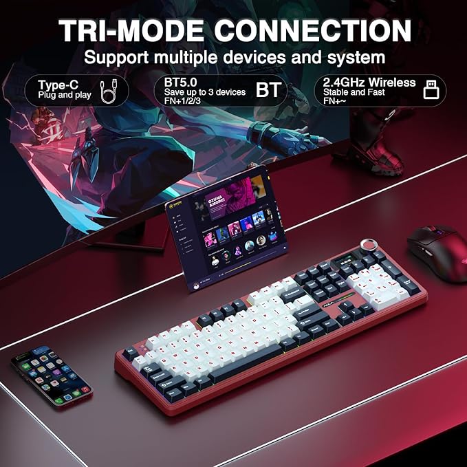 AULA F108 PRO - Wireless Mechanical Keyboard with Screen&Knob,Hot Swappable Gaming Keyboard with 8000mAh Battery,Pre-lubed Switches,RGB Backlit,PBT Keycaps Creamy Sounding Computer Keyboards,104 Keys