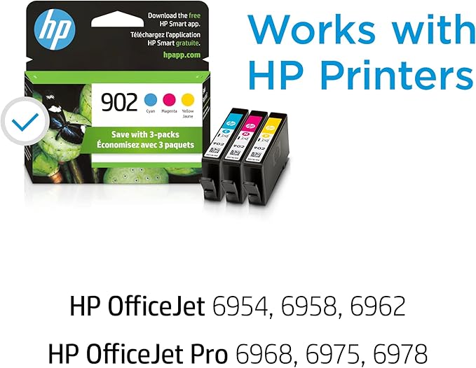 HP 902 Cyan, Magenta, Yellow Ink Cartridges for HP Printers | Works with Printer Series: OfficeJet 6950, 6960; OfficeJet Pro 6960, 6970 | Eligible for Instant Ink | T0A38AN
