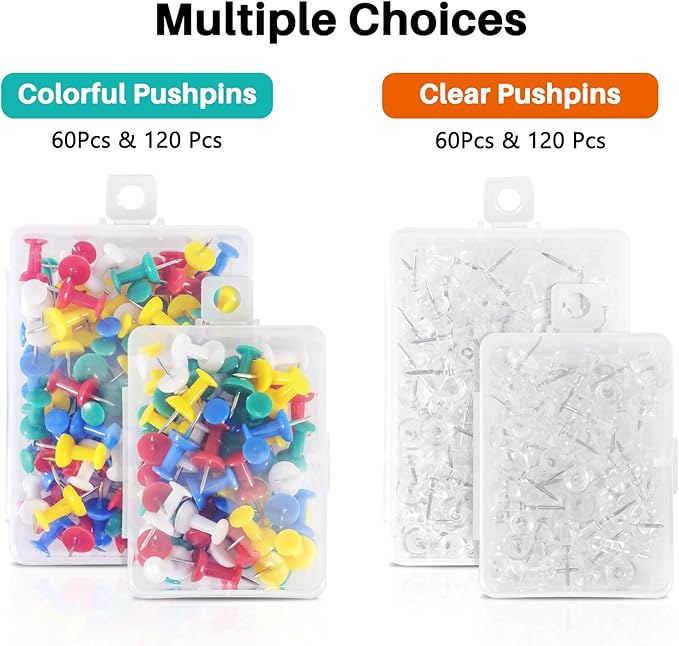 60Pcs Push Pins for Bulletin Board, Thumb Tacks for Cork Board, Colorful Plastic Head, Steel Tip, Thumbtacks for Wall Poster Photo Maps Pictures Office Home Decor