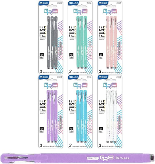 BAZIC Oil Gel Fuse Tech Ink Pen, GR8 Dazzle Black Ink w/Rubberized Barrel, 0.7 mm Medium Point Smooth Writing, for Office School (3/Pack), 6-Pack