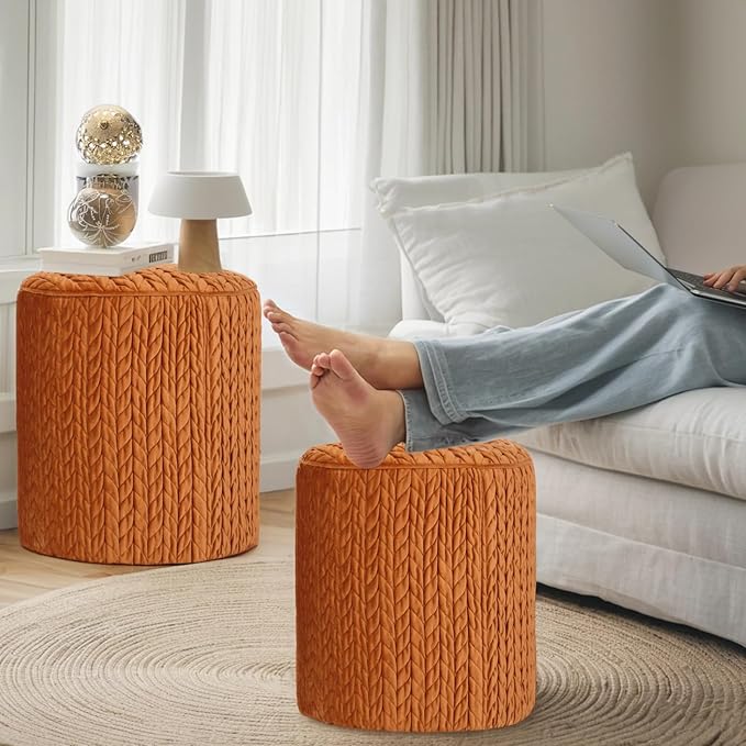 Modern Round Ottoman 2Pcs, Braided-Tufted Foot Stool Ottoman, Velvet Upholstered Vanity Stool for Makeup, Bedroom, Living Room, Dark Orange