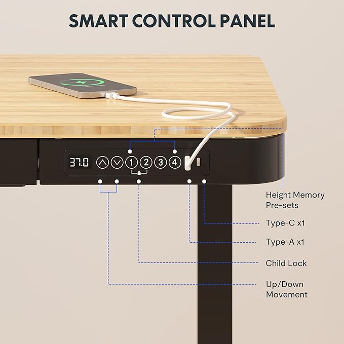 FLEXISPOT Comhar Electric Standing Desk with Drawer Desktop & Adjustable Frame w/USB Charge Ports (Bamboo Texture/Black, Wood)
