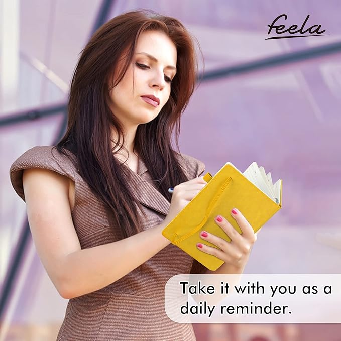 feela 3 Pack Notebooks Journals Bulk with 3 Black Pens, A5 Hardcover Notebook Classic Ruled Lined Journal Set with Pen Holder for Work Business Journaling Note Taking, 120 GSM, 5.1”x8.3”, Yellow