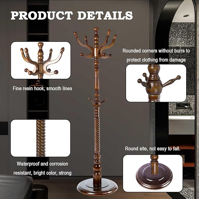Coat Racks FreeStanding with 11 Hooks, Natural Wood Coat Rack with Solid Round Base, Adjustable Height Coat Racks, Easy Assembly for Hallway, Bedroom and Office (Walnut-Solid Round Base)