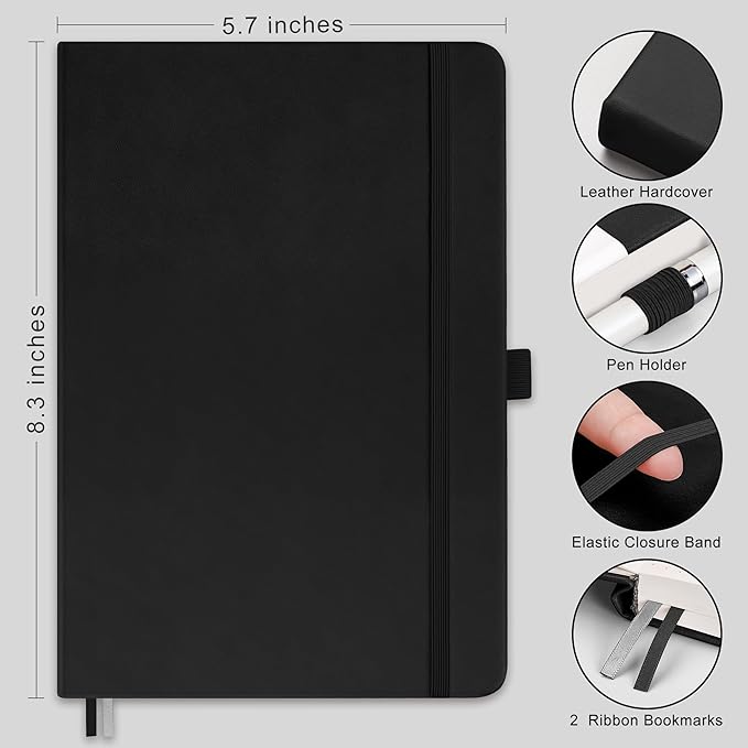 RETTACY Bullet Dotted Journal Notebook, 192 Pages, A5 Medium Size (5.7'' x 8.3''), Leather Hardcover, 100 GSM Thick Paper, for Bullet Journaling, Planning, Tracking (Black)