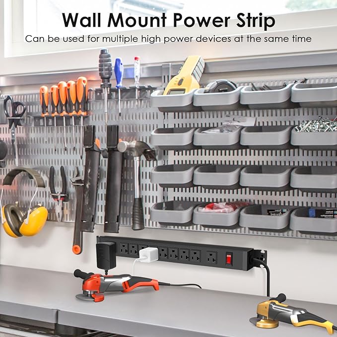 JUNNUJ Multi Angle Mount 10 Outlet 20 Amp Power Strip Heavy Duty, 2700J Surge Protector Under Desk with Switch 20A, Garage Workbench Gaming Outlet Table Wall Mountable, 10FT 12AWG Extension Cord