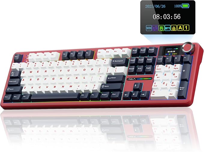 AULA F108 PRO - Wireless Mechanical Keyboard with Screen&Knob,Hot Swappable Gaming Keyboard with 8000mAh Battery,Pre-lubed Switches,RGB Backlit,PBT Keycaps Creamy Sounding Computer Keyboards,104 Keys