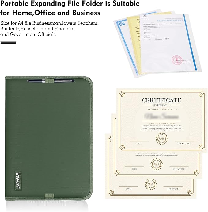 ENGPOW 13 Pocket Expanding File Folder,Fireproof Accordion File Folder Document Organizer with Zipper Closure,Document Folder Safe with Colorful Tabs,A4 Letter Size for Travel,Home,Office,Green