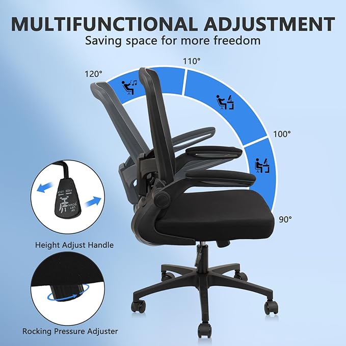 Office Desk Chairs with Wheels, Ergonomic Mesh Chair with Adjustable Height Lumbar Support, Rolling Swivel Computer Task Chair with Flip Up Armrests for Home, Study, Conference, Black (2PK)