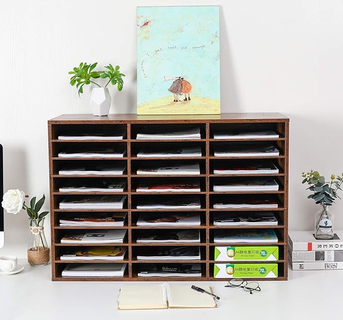 EasyPAG Mail Organizer Countertop, Wood Literature Organizer with Adjustable Shelves, Student Classroom Mailbox for School, Desktop Paper Sorter for Office Home, 27 Compartments, Archaize
