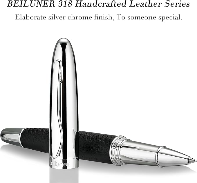 BEILUNER 318 Luxury Leather Pen, Hand-Stitched Premium Leather, Chrome-Plated Finish, Schmidt Ink Refill, Best Rollerball Pen Gift for Men & Women, Refillable, Executive Writing, Nice Pens