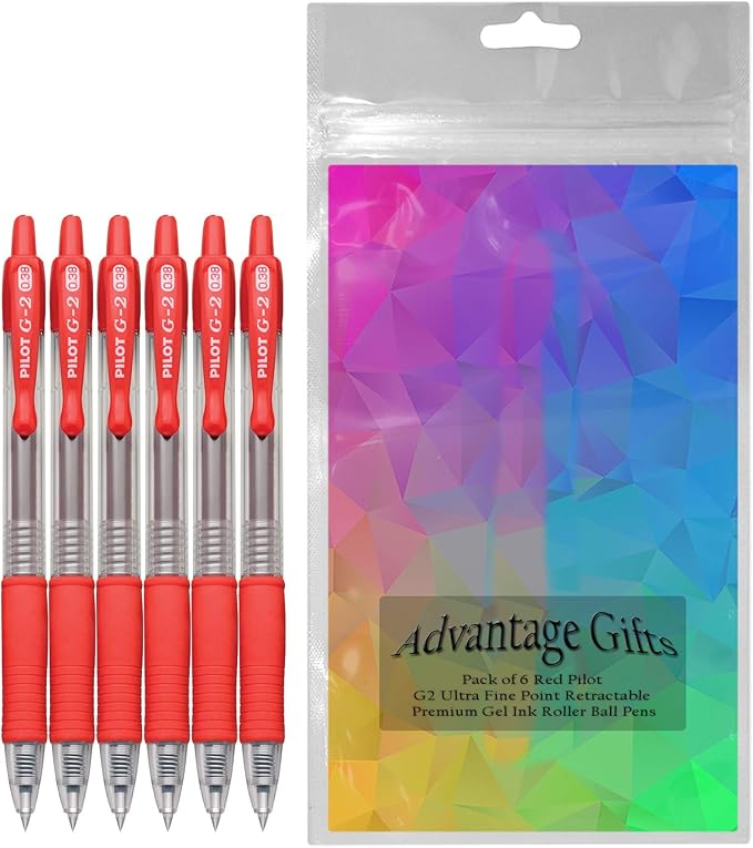 G2 Retractable Premium Gel Ink Roller Ball Pens Ultra Fine Point (.38mm) Red Ink 6 pack; Refillable & Premium Comfort Grip Bundle with Plastic Reusable Pouch