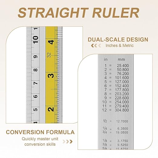 HARFINGTON 6pcs Metal Straight Ruler 30cm Metric SAE Aluminum Alloy Measuring Rulers Scale Tool with Hole for Measure Study Reading Classroom Office, Yellow