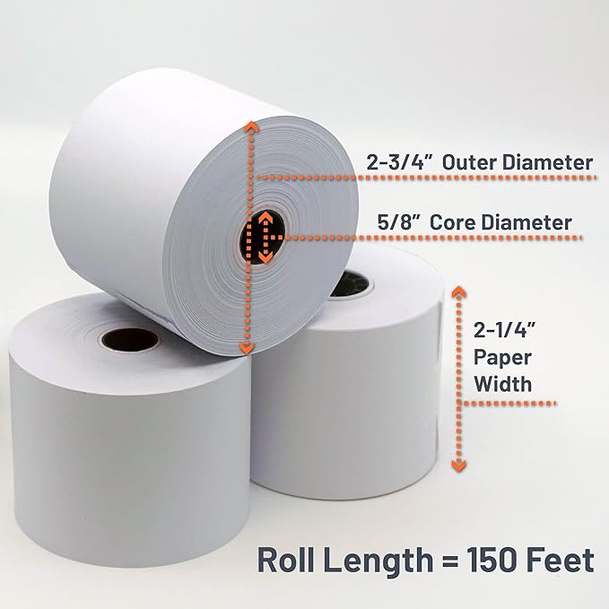 Victor 7050 Compact White Paper Rolls for Handheld and Portable Printing Calculators/Adding Machines/Ink Print Cash Registers 2.25” W x 150' FT (3-Pack)