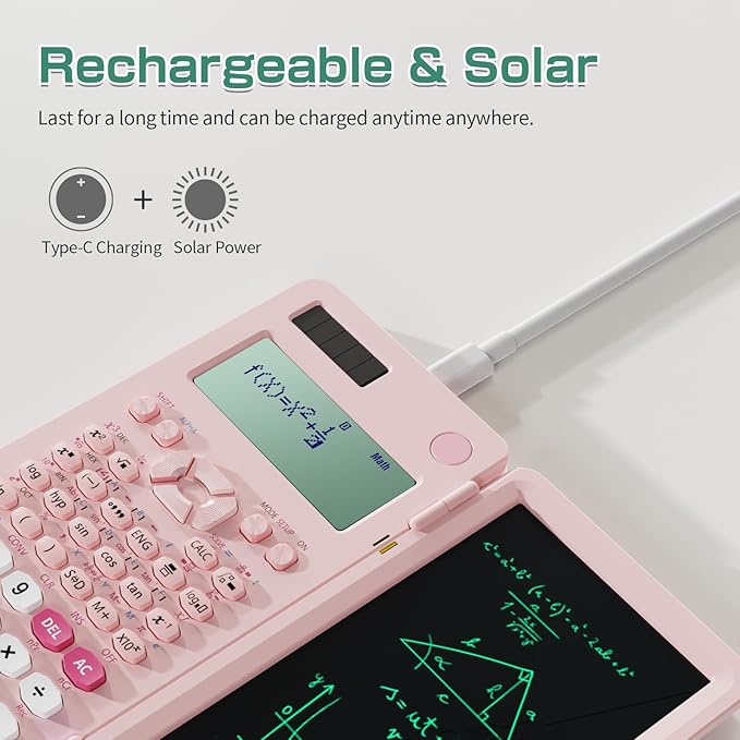 Rechargeable Scientific Calculator for Students, Pink 991ES MAX Foldable Science Calculator with Notepad 417 Function Solar Energy Science Calculators for Middle and High School Supplies (Pink)