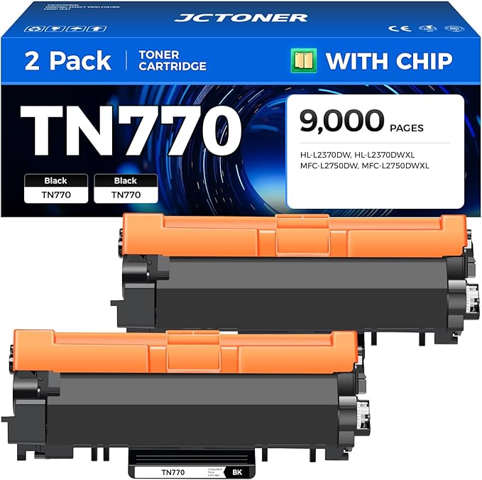 TN770 Black Toner Cartridge Super High Yield with chip Replacement for Brother TN770 TN-770 Toner Compatible with Brother HL-L2370DW HL-L2370DWXL MFC-L2750DW MFC-L2750DWXL Series Printer Ink, 2-Pack