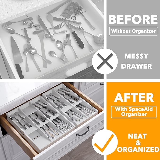 SpaceAid Bamboo Silverware Drawer Organizer with Labels, Kitchen Utensil Tray Holder Organizer for Flatware, Cutlery, Spoon and Knives Drawer Storage Organization (White, 6 Slots)