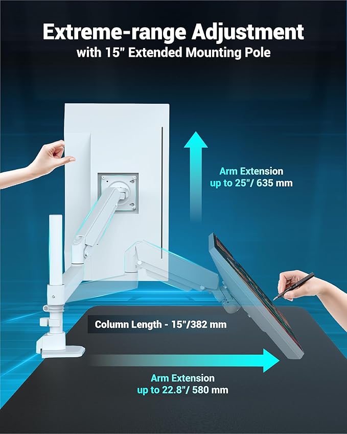 Heavy Duty Monitor Arm for 13-49 Inch Ultrawide Screens, Holds Up to 44lbs, Fully Adjustable Single Monitor Mount, with Clamp & Grommet Base, 75/100mm VESA Desk Mount, White