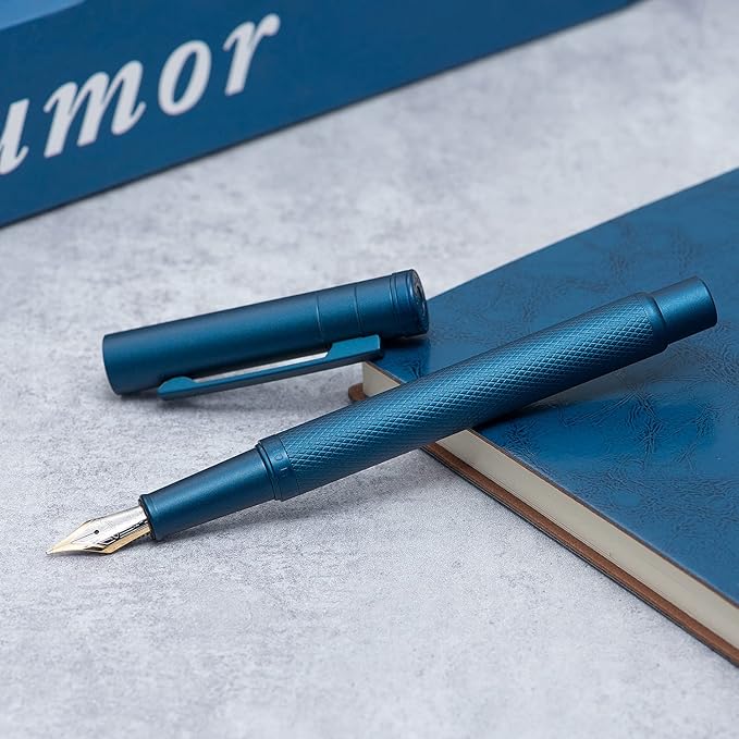 Hongdian 1851 Dark Blue Forest Fountain Pen Blade Nib Classic Design Calligraphy Pen with Converter and Metal Pen Case Set