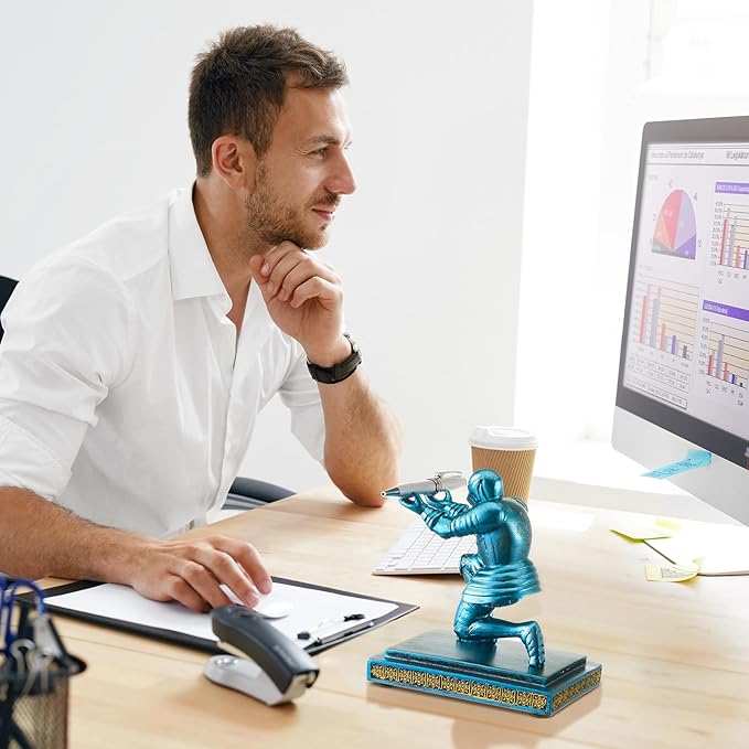 Spakon Knight Pen Holder with 2 Pens Resin Desk Organizers and Accessories Funny Executive Pen Stand Fancy Cool Office Gadgets Cool Desk Decorations for Men Home Supplies(Classic,Blue)