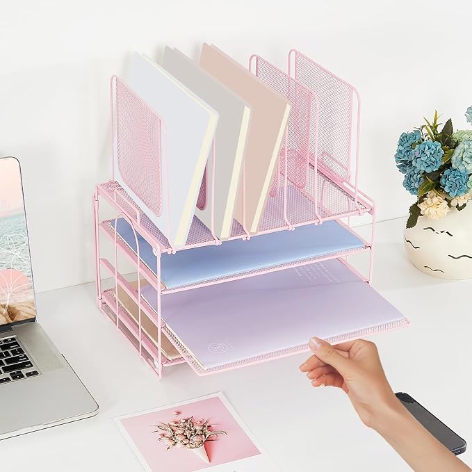 Paper Desk Organizer, 3-Tier Letter Tray with 5 Vertical File Holders, Multifunction Desktop Folder Organizers and Accessories for Home Office(Pink), LK-3CB