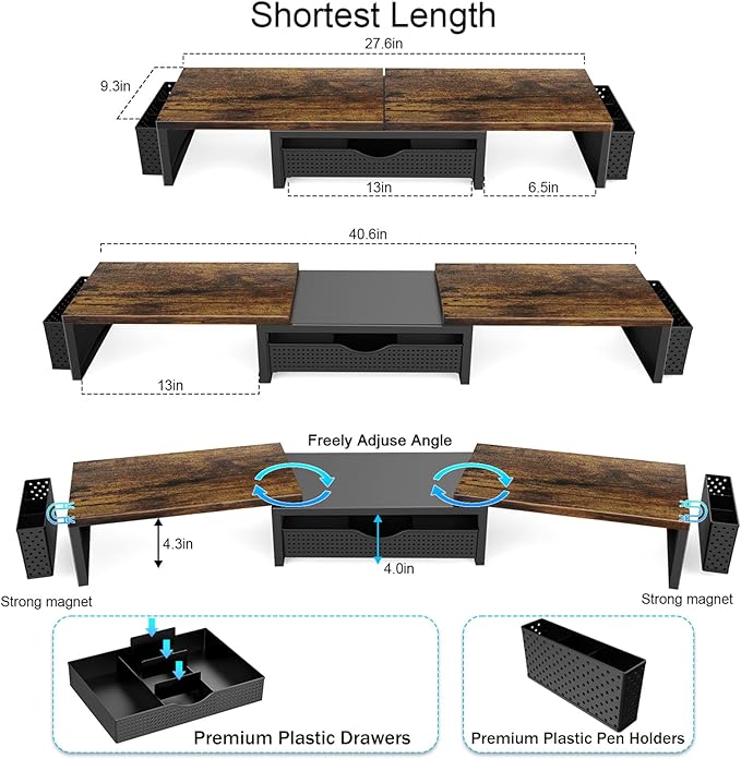 gianotter Dual Monitor Stand Riser, Desk Organizer With Drawer and 2 Pen Holders,Computer Monitor Stand, Desk Shelf for Top of Desk, Wood