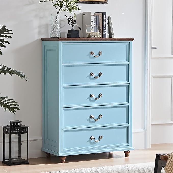 Farmhouse 5 Drawer Dresser for Bedroom, 45" Tall Rustic Chests of Drawers w/ 4 Solid Wood Feet, Mid Century Modern Wooden Closet Storage Dressers Organizer for Living Room, Hallway, Light Blue