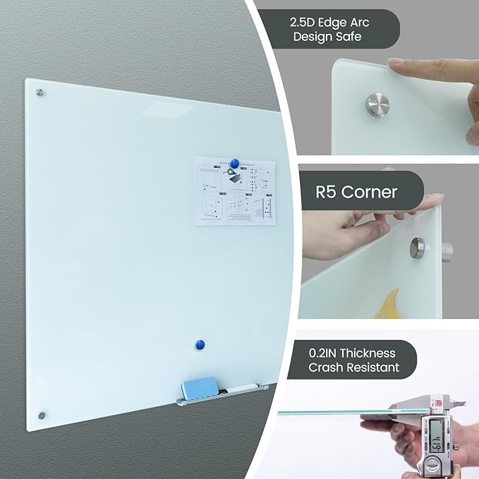 Magnetic Glass Dry Erase Board 36"x60" Glass Whiteboard 36"x60" Wall Mounted White Glassboard Frameless Writing GlassBoard for Office School Home Shop