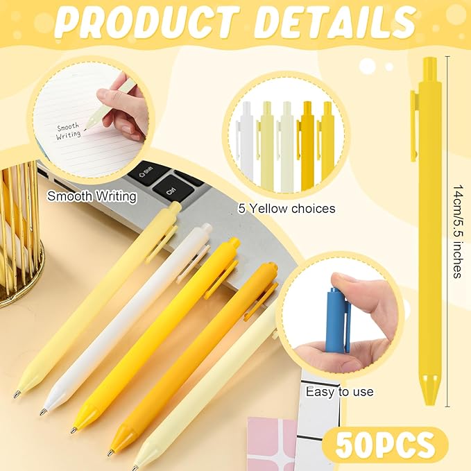 50 Pcs Ballpoint Pens Bulk Retractable Writing 1. 0 mm Black Ink Cute Pens Smooth Writing Color Fancy Gift for Teacher Student Employee Office School Home Baby Shower Supplies (Yellow Series)