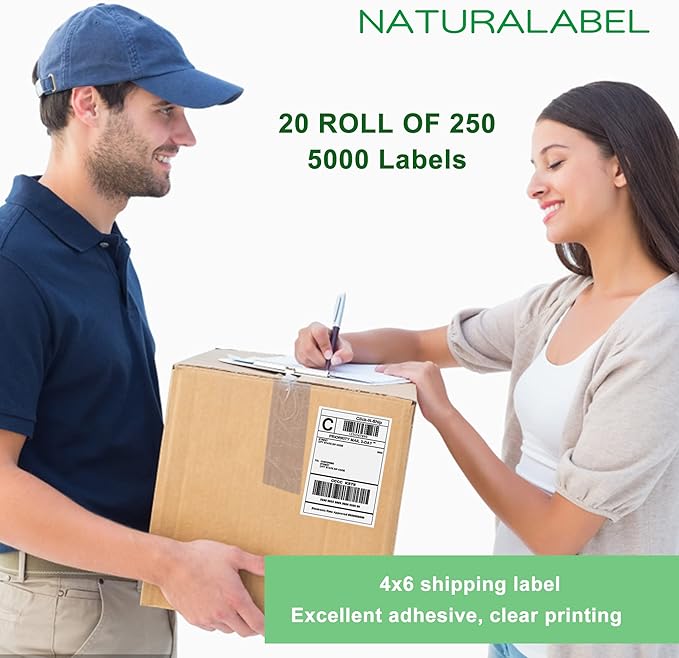 NATURALABEL 5000 PCS 4" x 6" Direct Thermal Shipping Labels for Small Business, with Perforated Lines, Compatible with Rollo and Zebra (20 Rolls, 250 Labels/Roll)