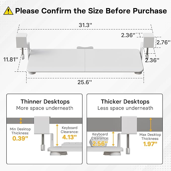 BONTEC KMT01 Under Desk Keyboard Tray, Pull-Out Keyboard & Mouse Platform with C-Clamp, 25.6 x 11.8 in Space-Saving Ergonomic Slide-Out Drawer, White
