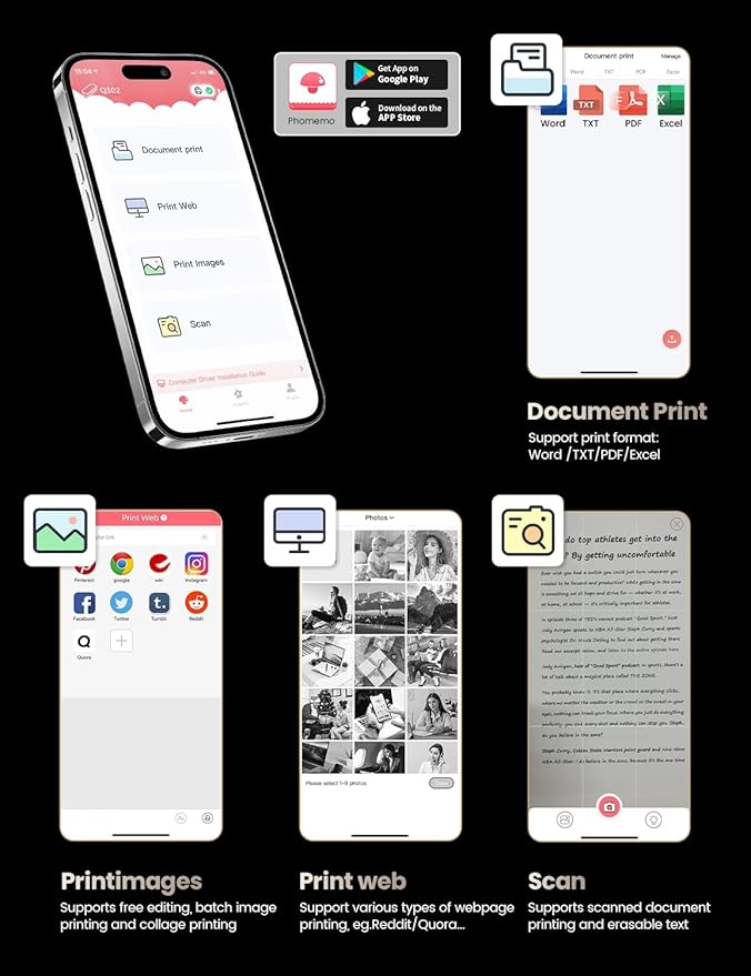 Phomemo Q302 Upgraded Portable Printers Wireless for Business, Ultra-Small Bluetooth Printer for Mobile Printing, 2400mAh Battery can Reverse Charging, 300dpi Inkless Printer Support 8.5X11 US Letter